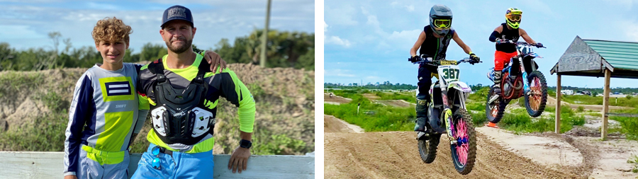 At left, Gabe Solomon stands with his son Gabriel Jr. at a dirt bike track in South Florida. At right, they take a ride together on the track. Photo: Michael Fullana